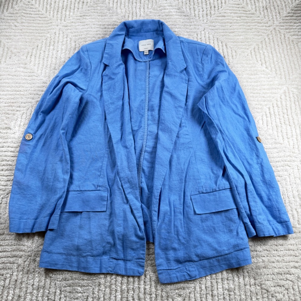 Love Tree Blazer Womens M Blue Linen Roll Tab Sleeve Open Front Casual Coastal